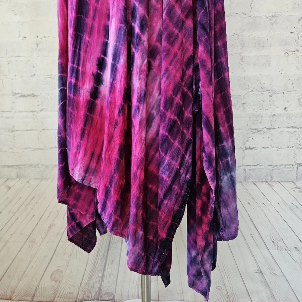 Lovestitch Pink Purple Tie-dye V-Neck Handkerchief Hem Beach Cover Dress Medium